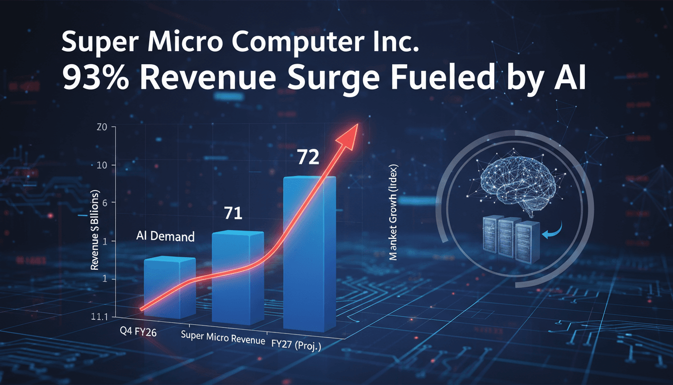 Super Micro Computer Inc. logo with a backdrop of AI technology graphics.