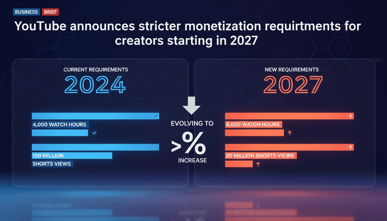 YouTube logo with a graphic showing new monetization requirements for creators.