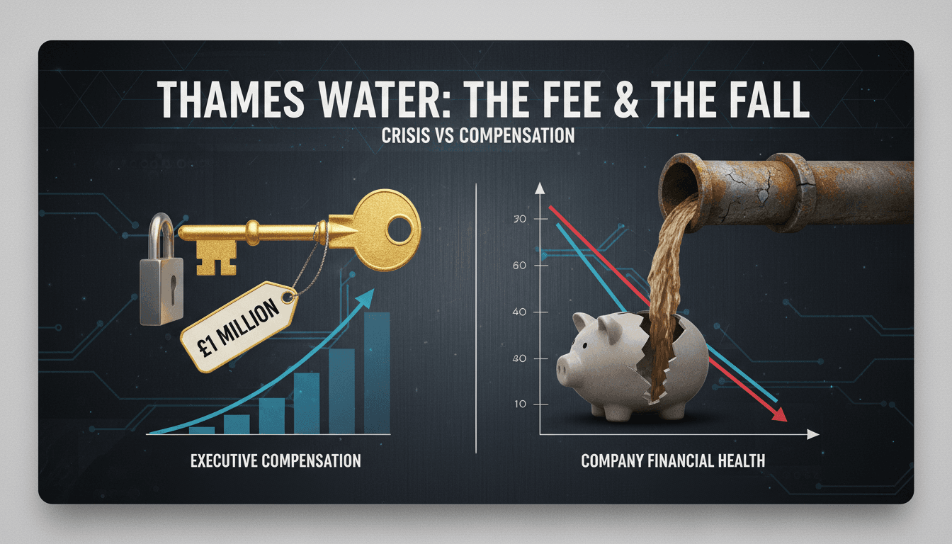 Thames Water logo with a backdrop of financial distress imagery.
