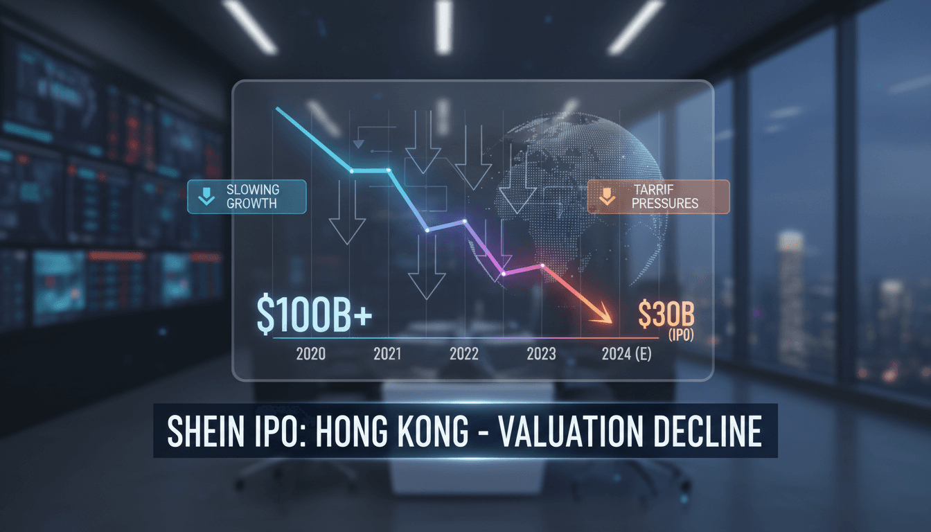 Shein logo with a backdrop of Hong Kong skyline and stock market graphics