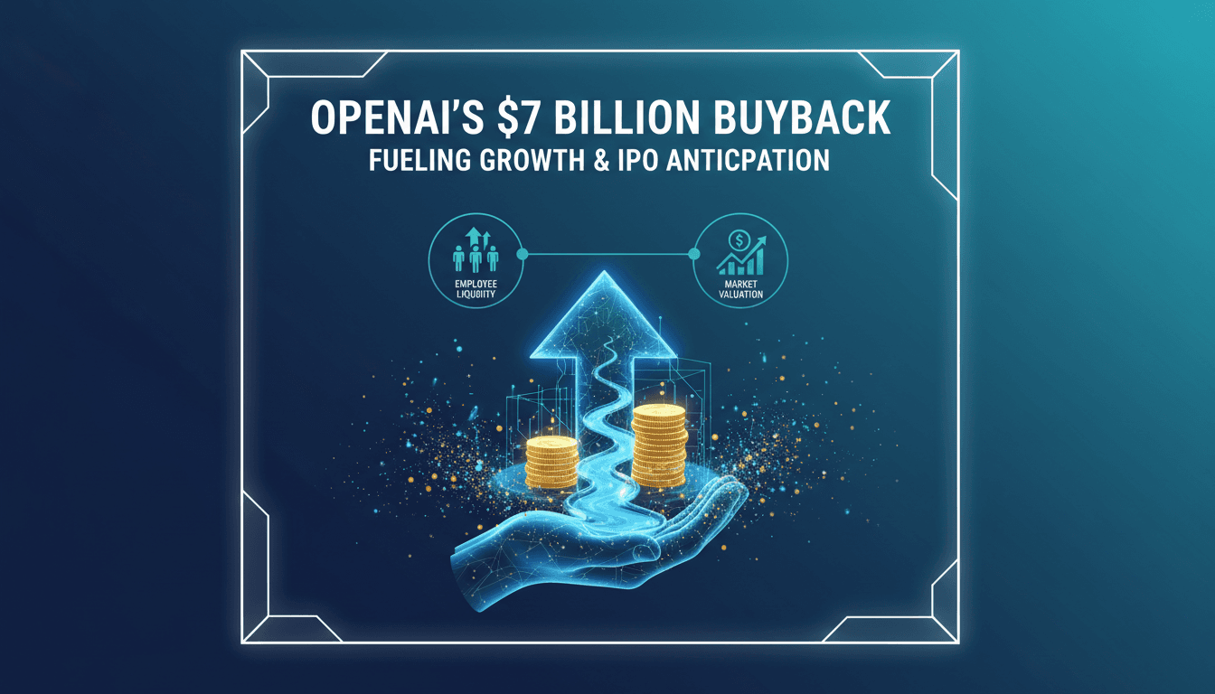 OpenAI logo with financial graphics representing stock buyback and IPO.