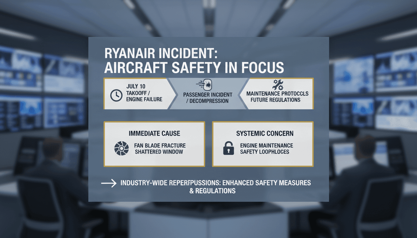 A Ryanair aircraft in flight with a focus on engine safety.