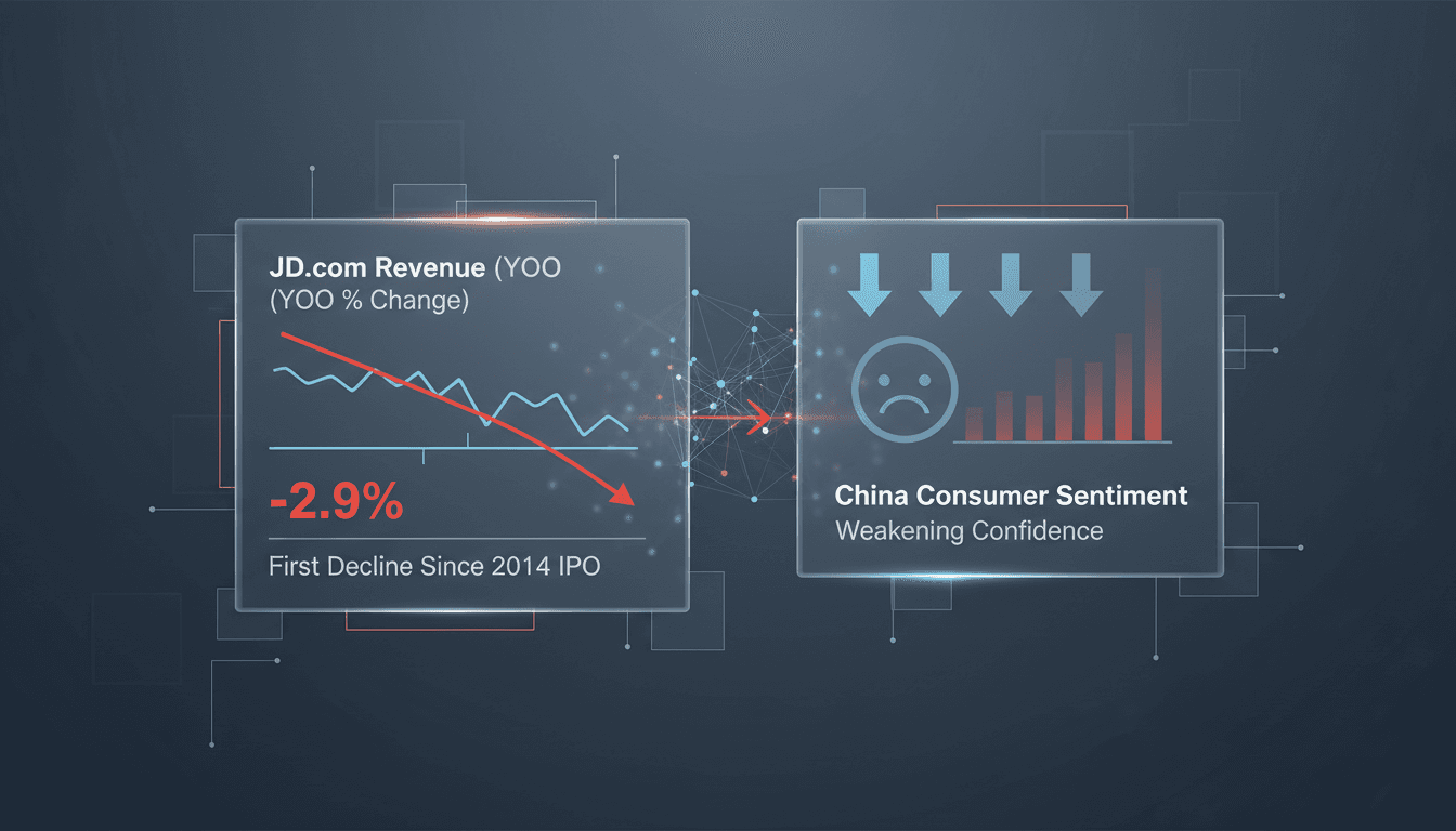 JD.com logo with a backdrop of declining sales graphs
