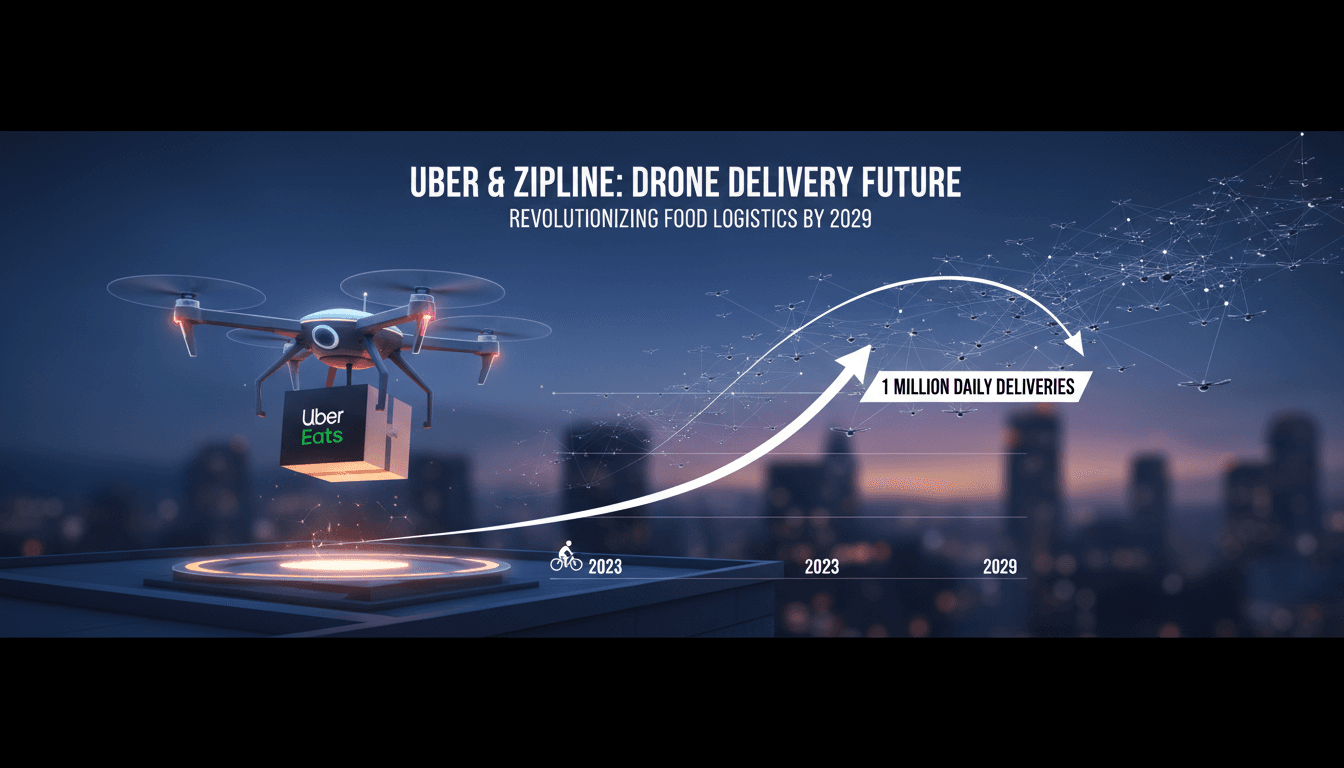 Drone delivering food for Uber Eats in an urban setting.