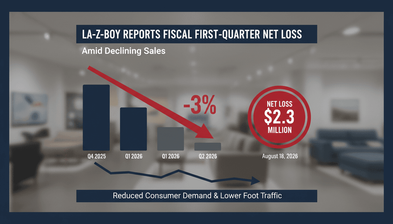 Infographic detailing La-Z-Boy's fiscal Q1 sales decline and net loss figures.