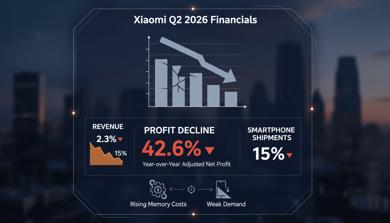 Infographic detailing Xiaomi's Q2 2026 financial results, including revenue and profit decline statistics.