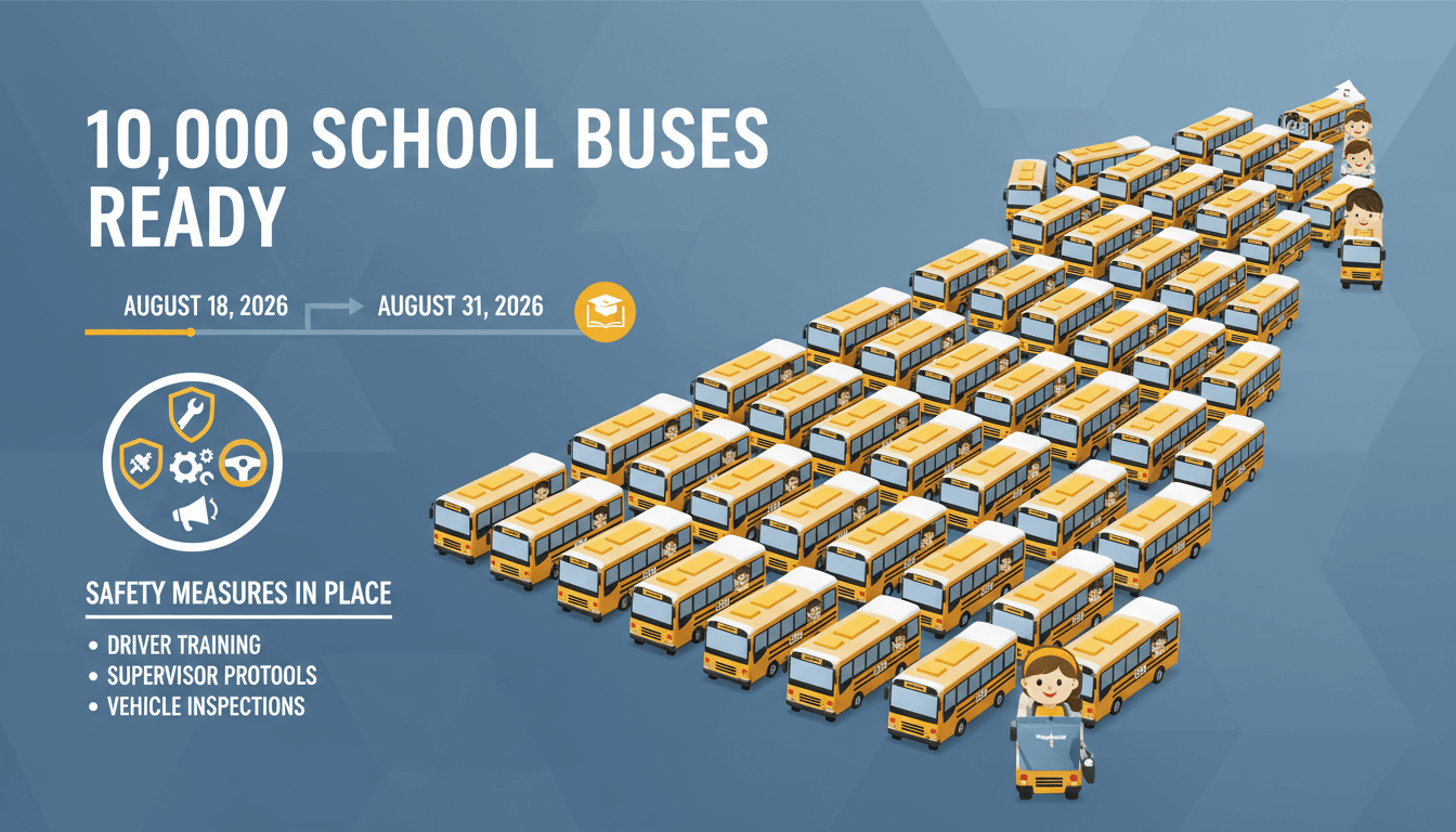A fleet of 10,000 school buses prepared for the UAE academic year, emphasizing safety and reliability.