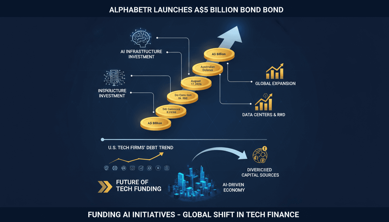 Infographic showing Alphabet's A$5 billion bond issuance structure and its implications for tech funding.