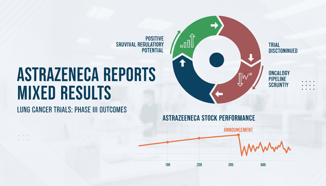 Infographic detailing AstraZeneca's lung cancer trial results and stock performance trends.