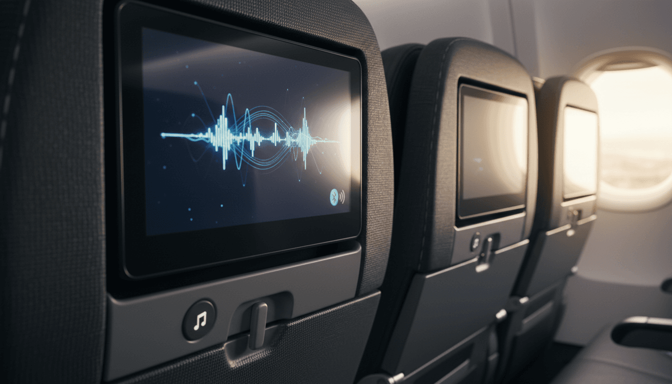 A modern airplane cabin featuring a 4K seatback entertainment screen with Bluetooth connectivity.