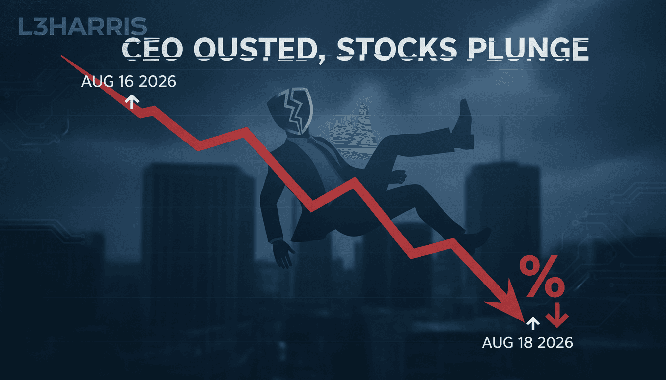 A stock chart showing L3Harris Technologies' decline following the CEO's ousting, emphasizing corporate leadership changes.