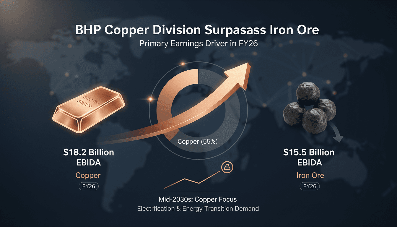 Infographic showing BHP's earnings breakdown with a focus on copper's rise over iron ore.