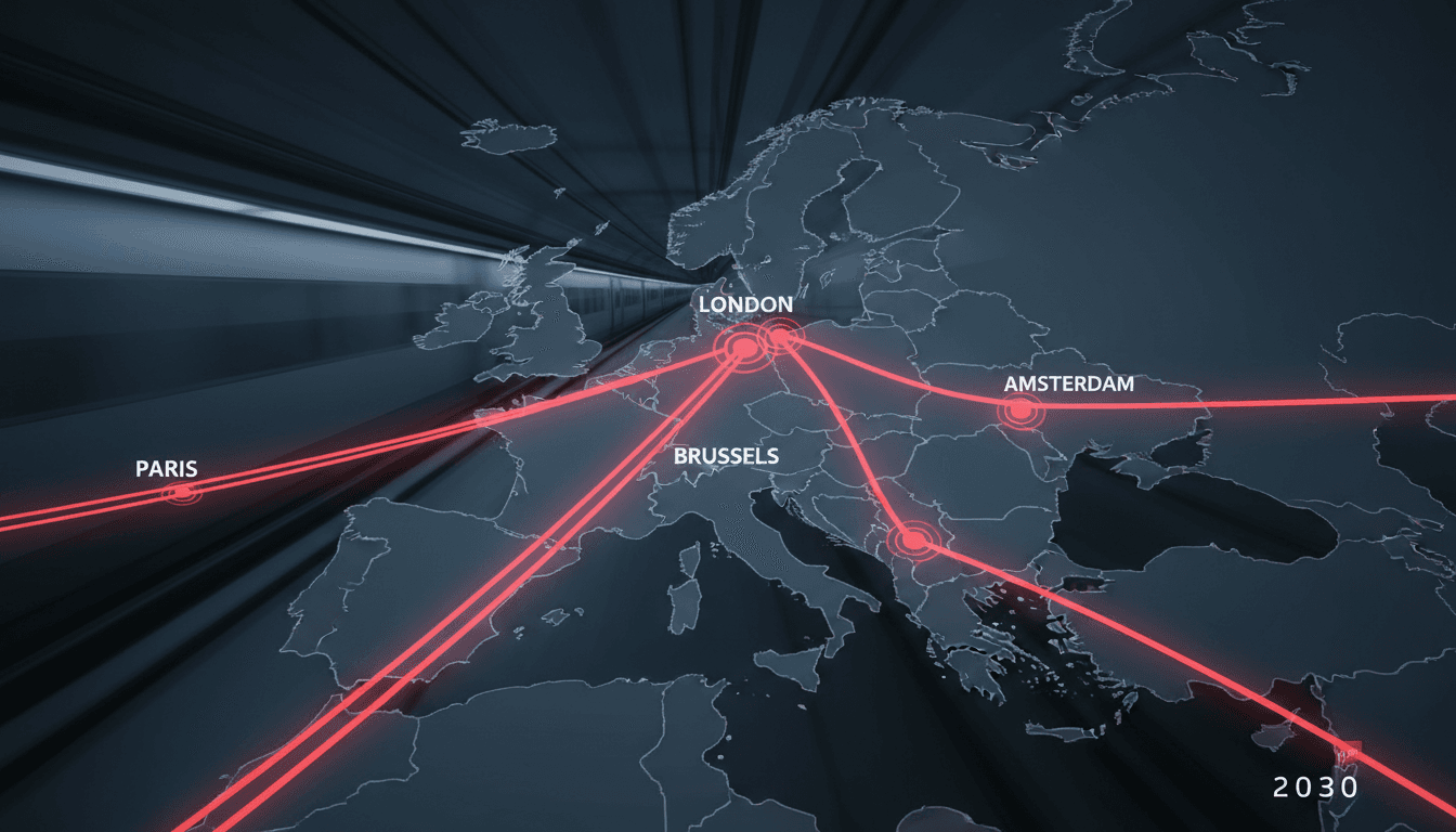 A map illustrating Virgin Trains' new routes from London to Paris, Brussels, and Amsterdam.