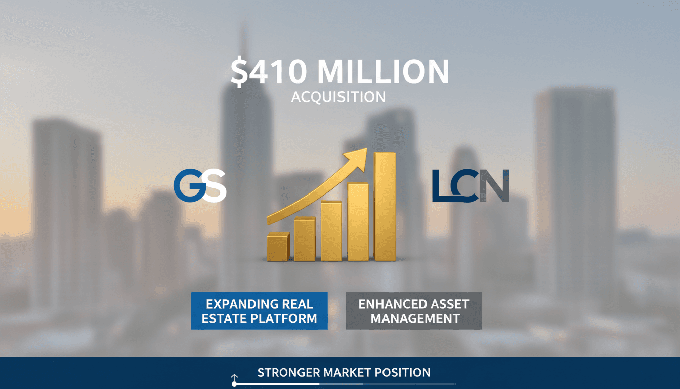 Goldman Sachs logo with a graphic illustrating the $410 million acquisition of LCN Capital Partners and its impact on real estate assets.