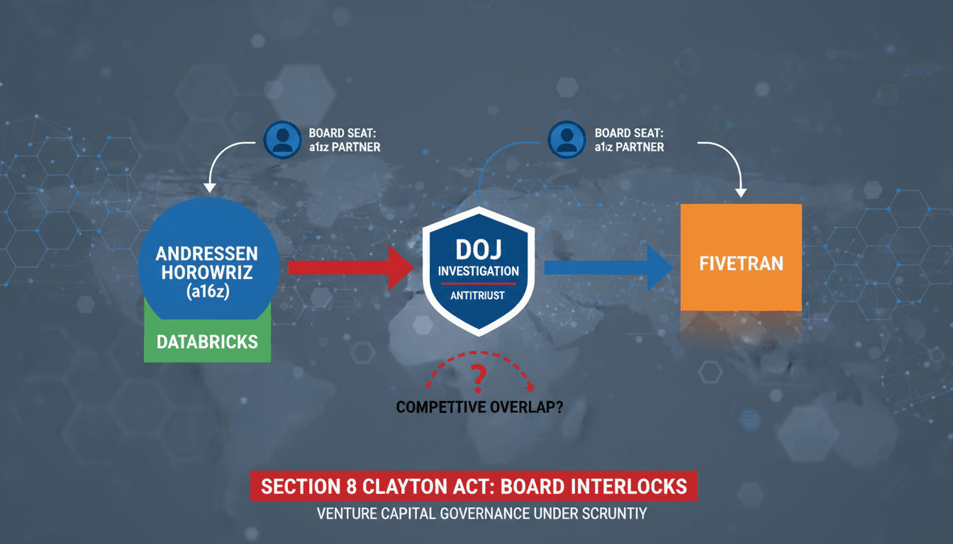 Infographic showing board memberships and competitive overlaps in the data infrastructure sector related to the DOJ probe.