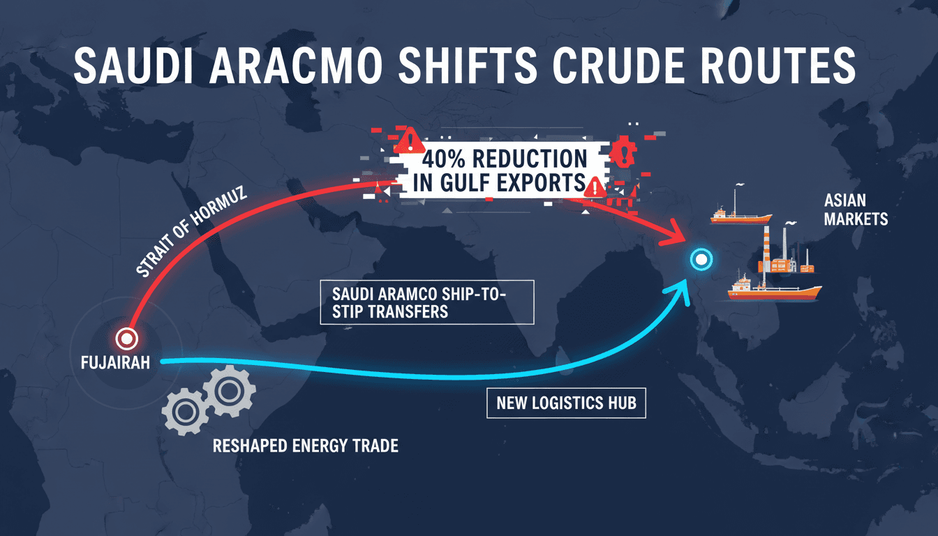 Infographic showing Saudi Aramco's ship-to-ship crude transfers off Fujairah, highlighting impacts on global oil supply and prices.