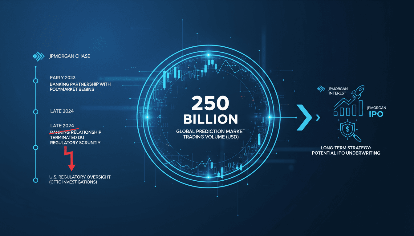 Infographic showing JPMorgan's banking relationship with Polymarket and the $250 billion trading volume in prediction markets.