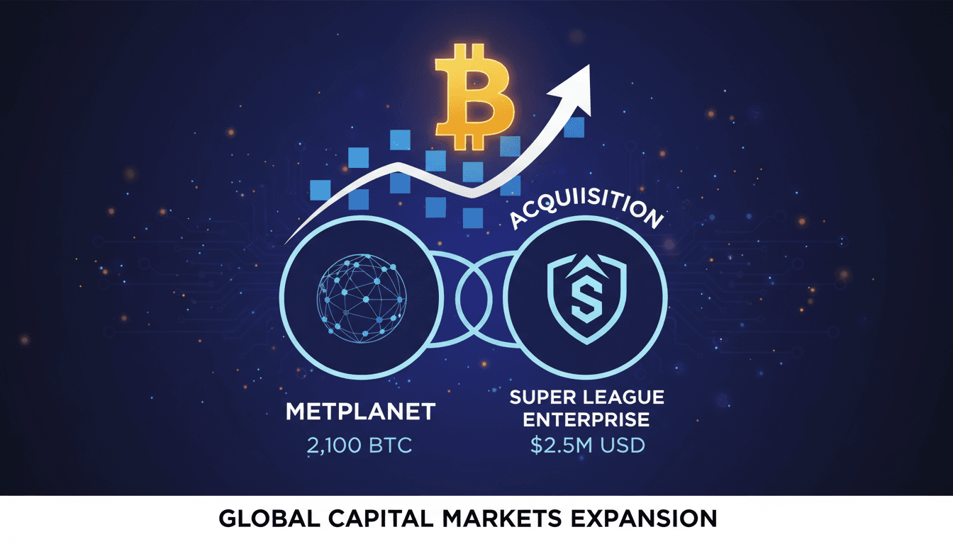 A visual representation of Metaplanet's Bitcoin treasury strategy and Super League acquisition impact.