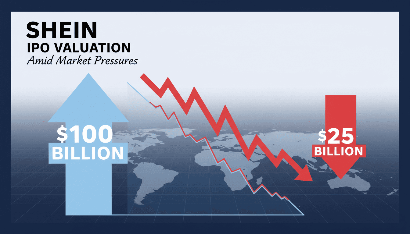 A visual representation of Shein's valuation decline from $100 billion to $25 billion, highlighting the fast-fashion industry's challenges.