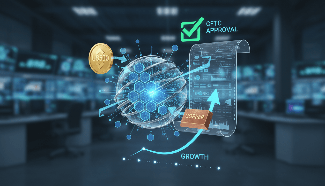 Infographic illustrating Kalshi's application for perpetual futures contracts on US500 and copper.
