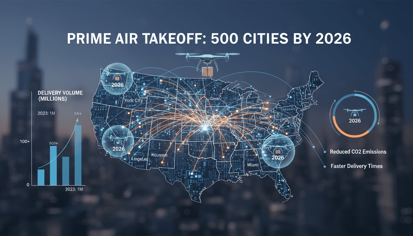 Infographic showing Amazon Prime Air's drone delivery expansion across the U.S. with key cities and operational metrics.