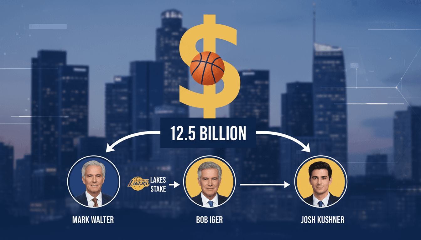 Graphic illustrating the $12.5 billion valuation of the Lakers and key figures in the sale.