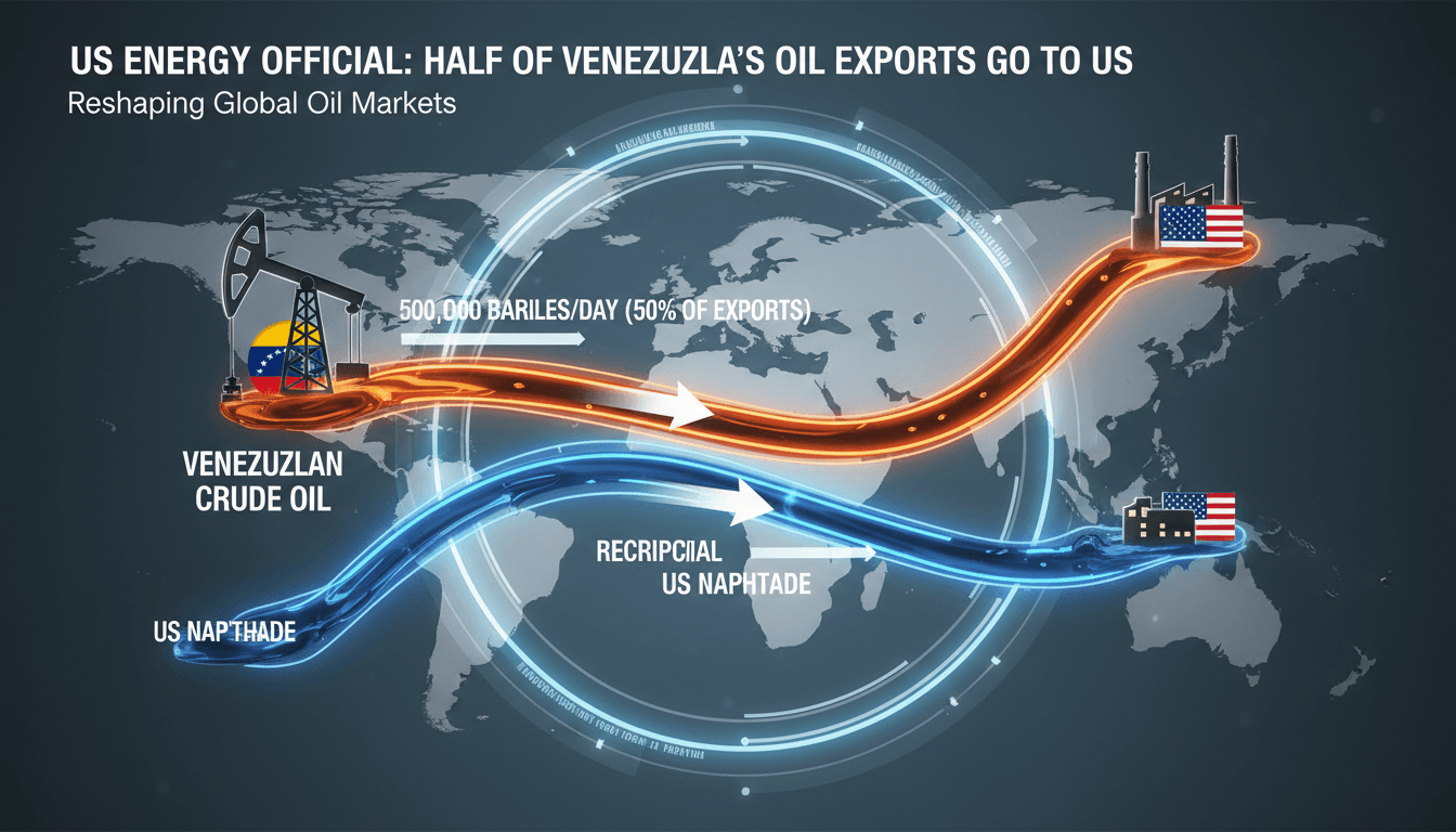 Infographic showing the flow of Venezuelan oil exports to the US and reciprocal naphtha trade.