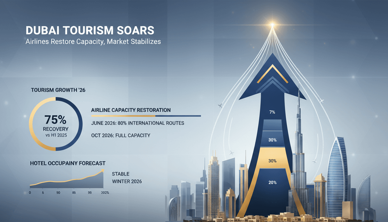 An infographic illustrating Dubai's tourism recovery and airline capacity restoration in 2026.