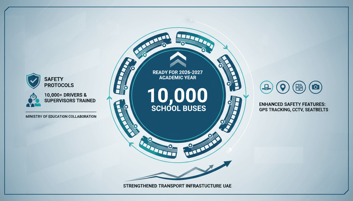Infographic showing 10,000 school buses ready for the academic year, emphasizing safety and training.