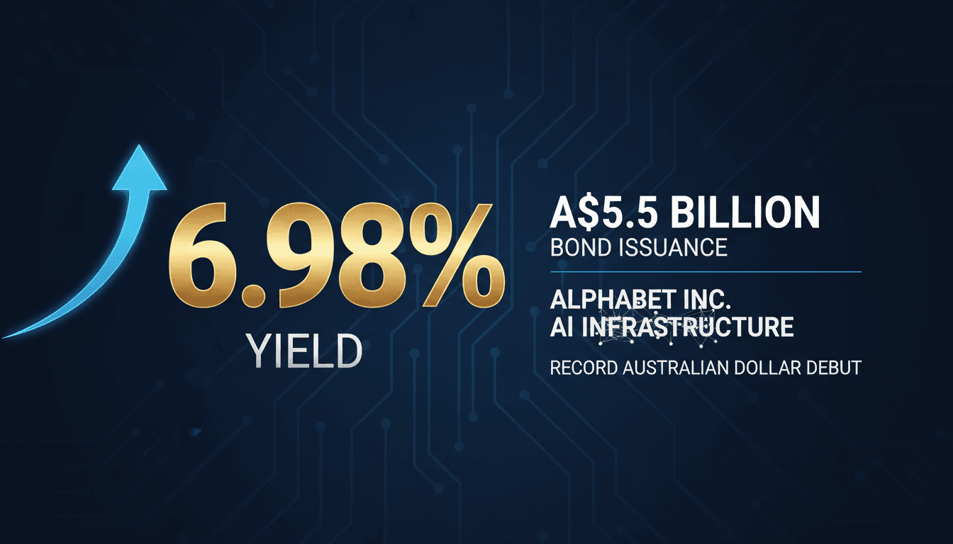 A graphic illustrating Alphabet's record 6.98% yield on its debut Australian dollar bond issuance.