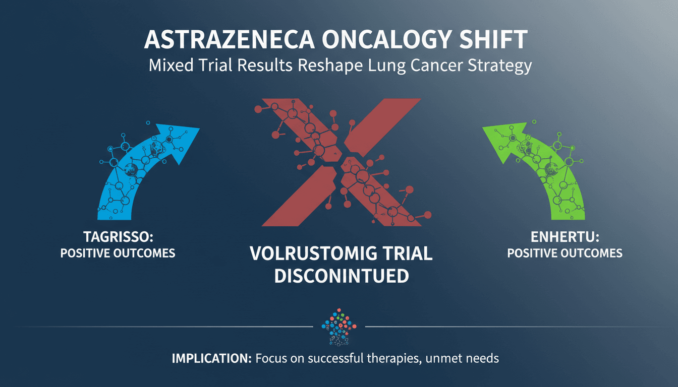 Infographic summarizing AstraZeneca's mixed lung cancer trial results and future implications.