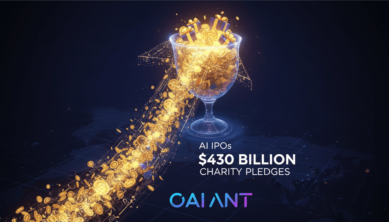 Infographic showing potential $430 billion in charity pledges from AI IPOs.