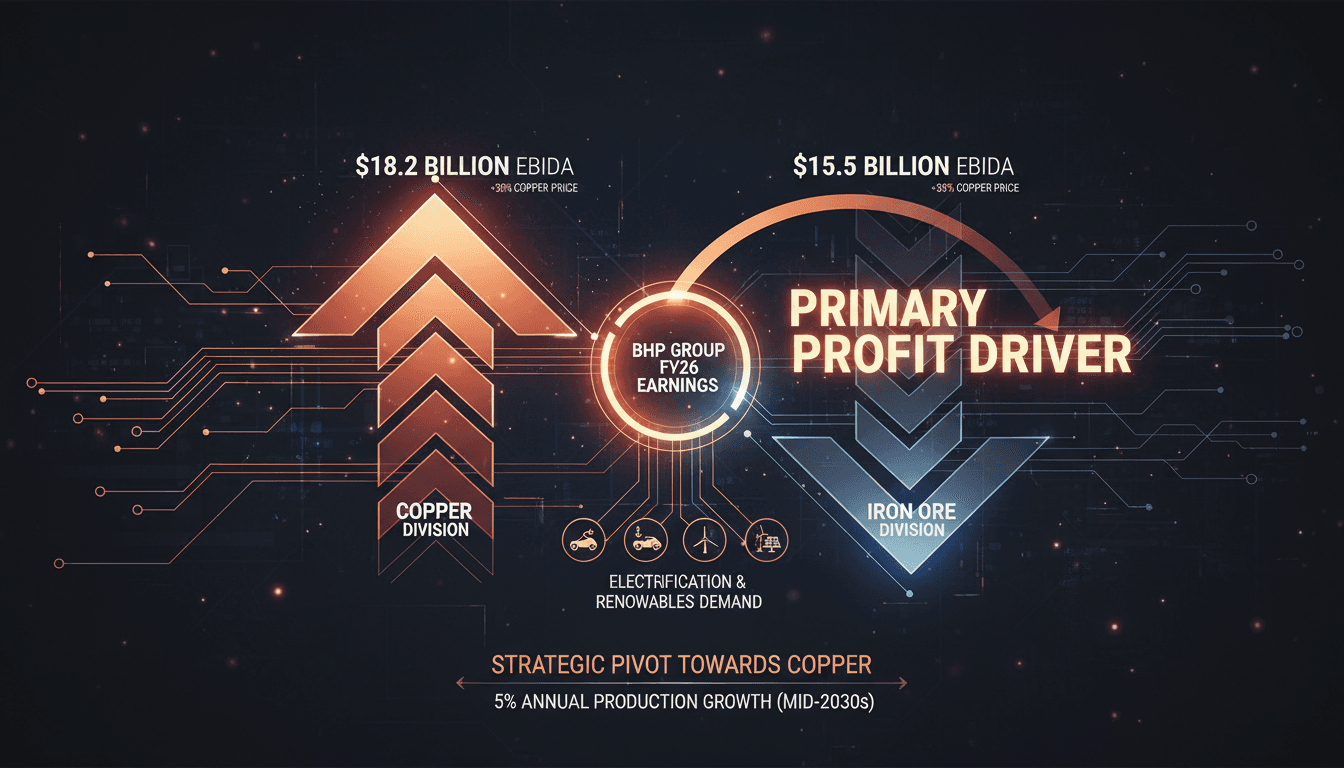 Infographic showing BHP's earnings shift from iron ore to copper, highlighting market implications.