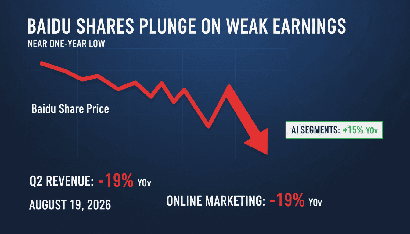 A graph depicting Baidu's stock price decline alongside its Q2 2026 earnings report highlights.
