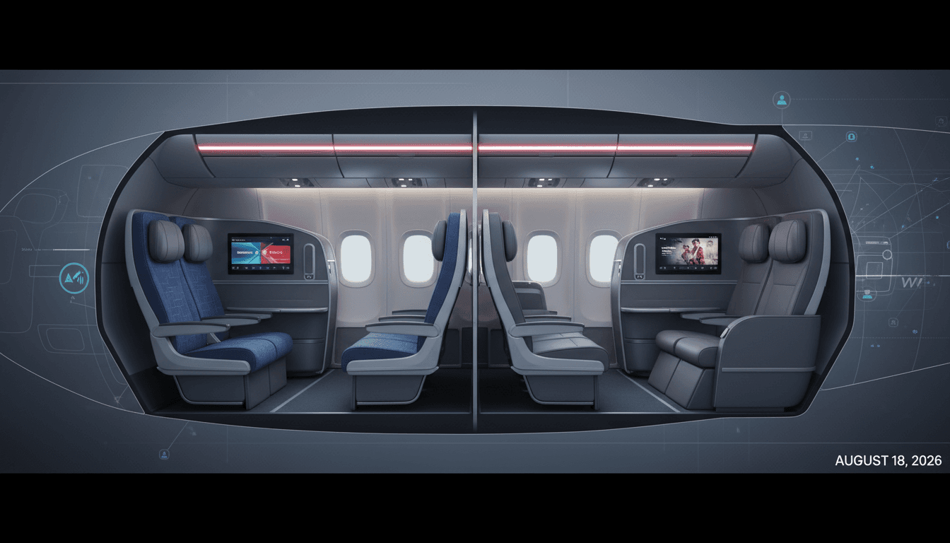 American Airlines aircraft featuring new seatback screens and premium seating layout.