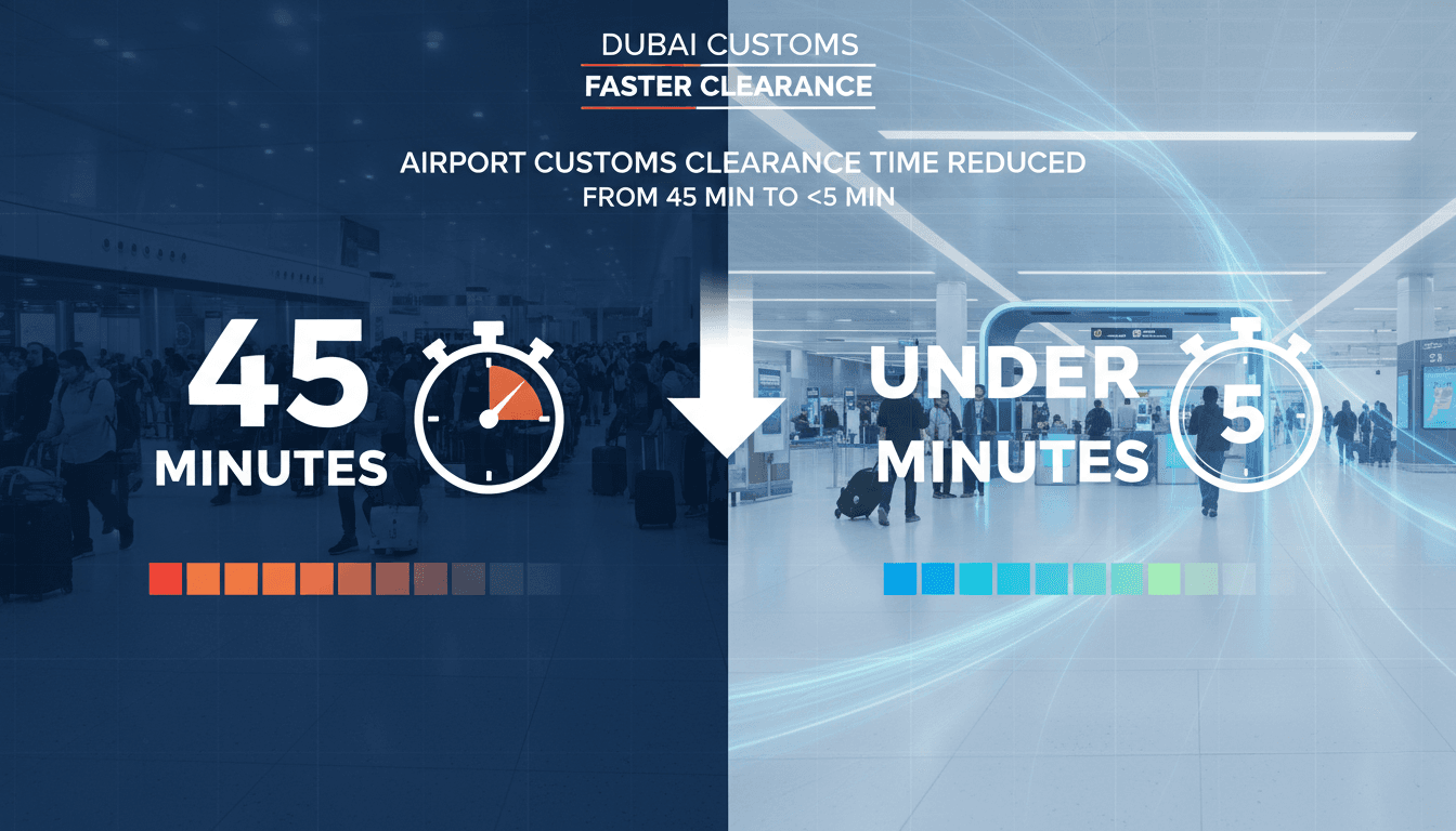 Infographic illustrating the reduction in customs clearance times at Dubai airports.