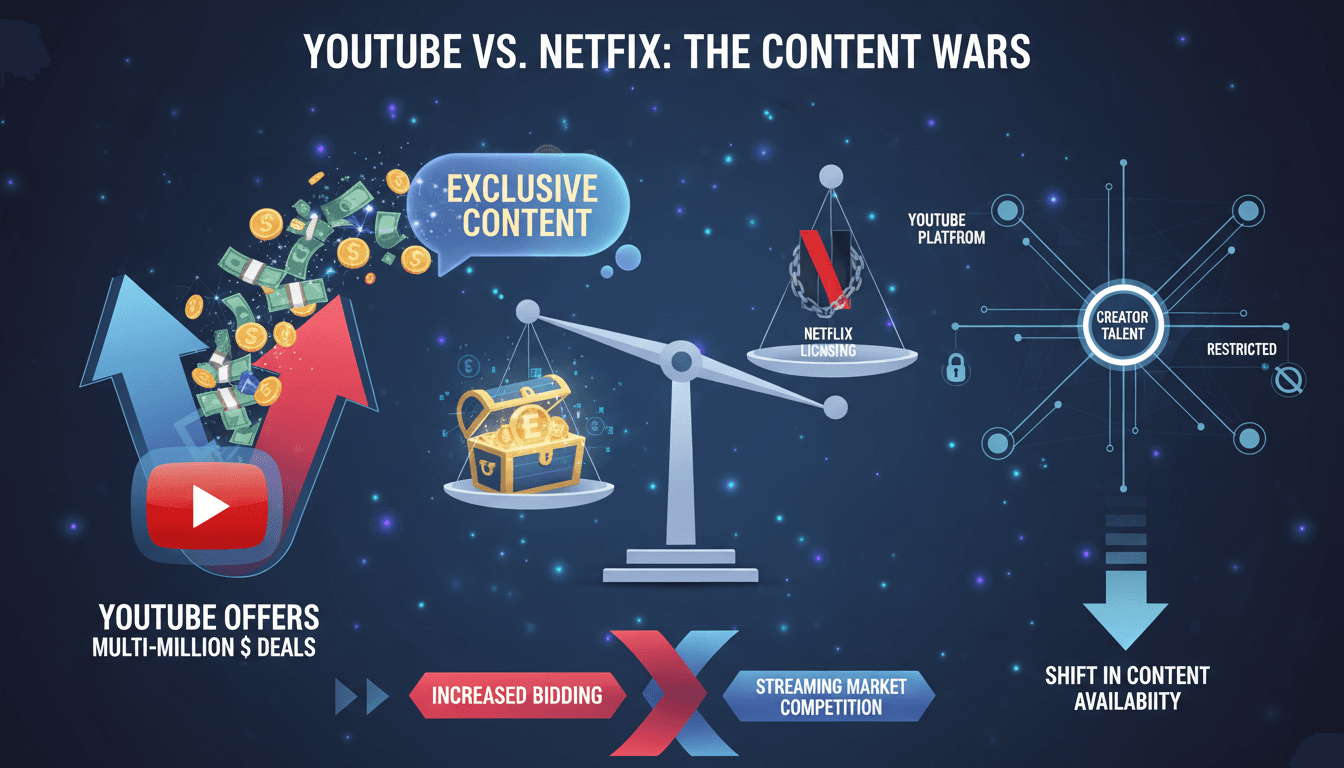 Infographic showing YouTube's exclusivity offers to creators and its impact on Netflix competition.