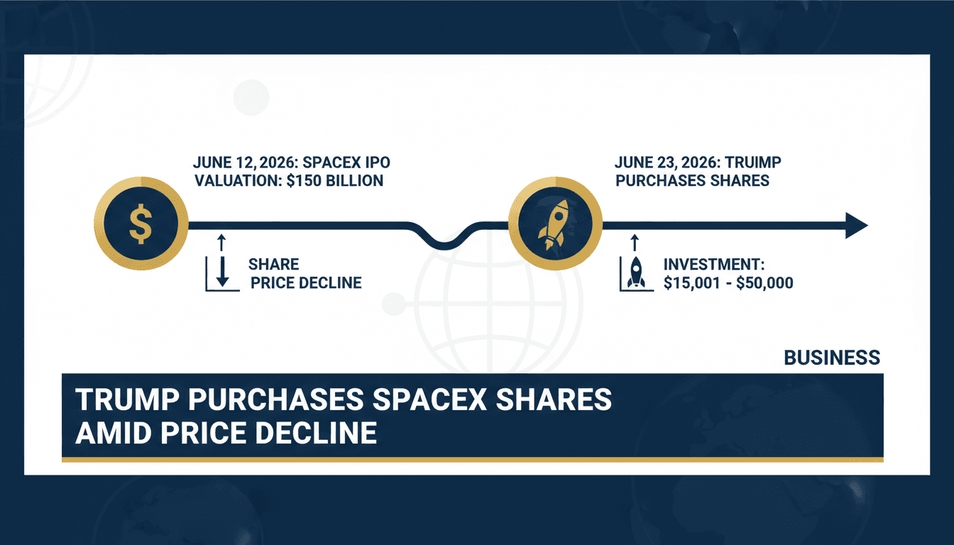 Infographic detailing Trump's SpaceX share purchase and the company's IPO valuation.