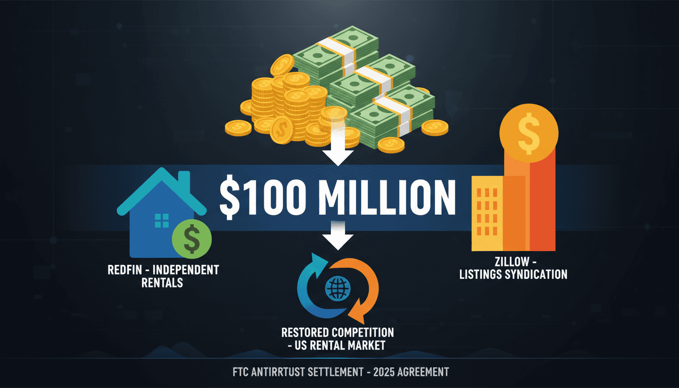 Infographic showing Zillow and Redfin's $100 million antitrust settlement and its impact on the rental market.