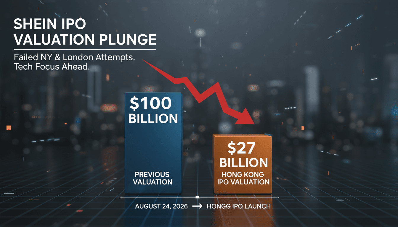 A graphic illustrating Shein's valuation decline from $100 billion to $27 billion during its Hong Kong IPO process.