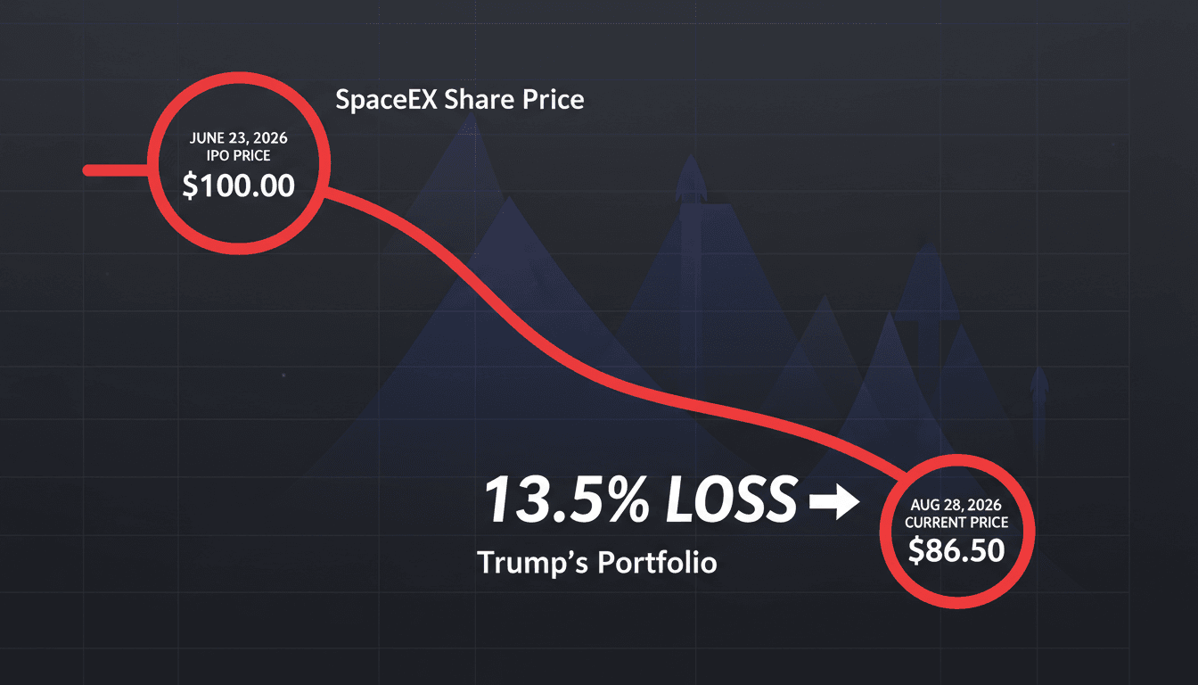 Infographic showing SpaceX share price decline and Trump's investment loss percentage.