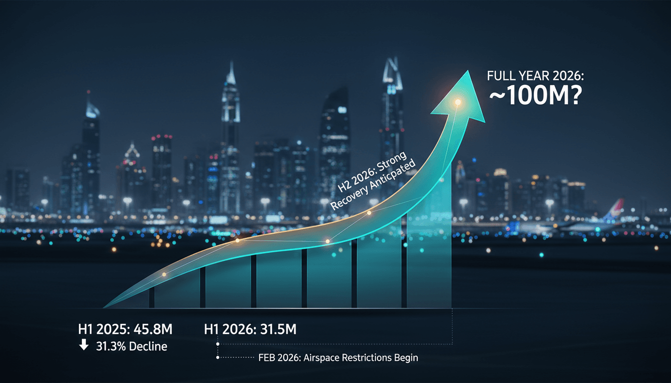 Infographic showing passenger traffic trends at Dubai International Airport, highlighting recovery and future projections.