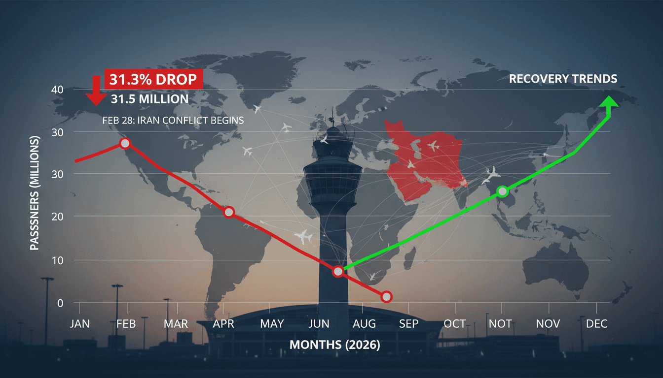 Infographic showing the 31.3% decline in passenger traffic at Dubai International Airport due to the Iran conflict.