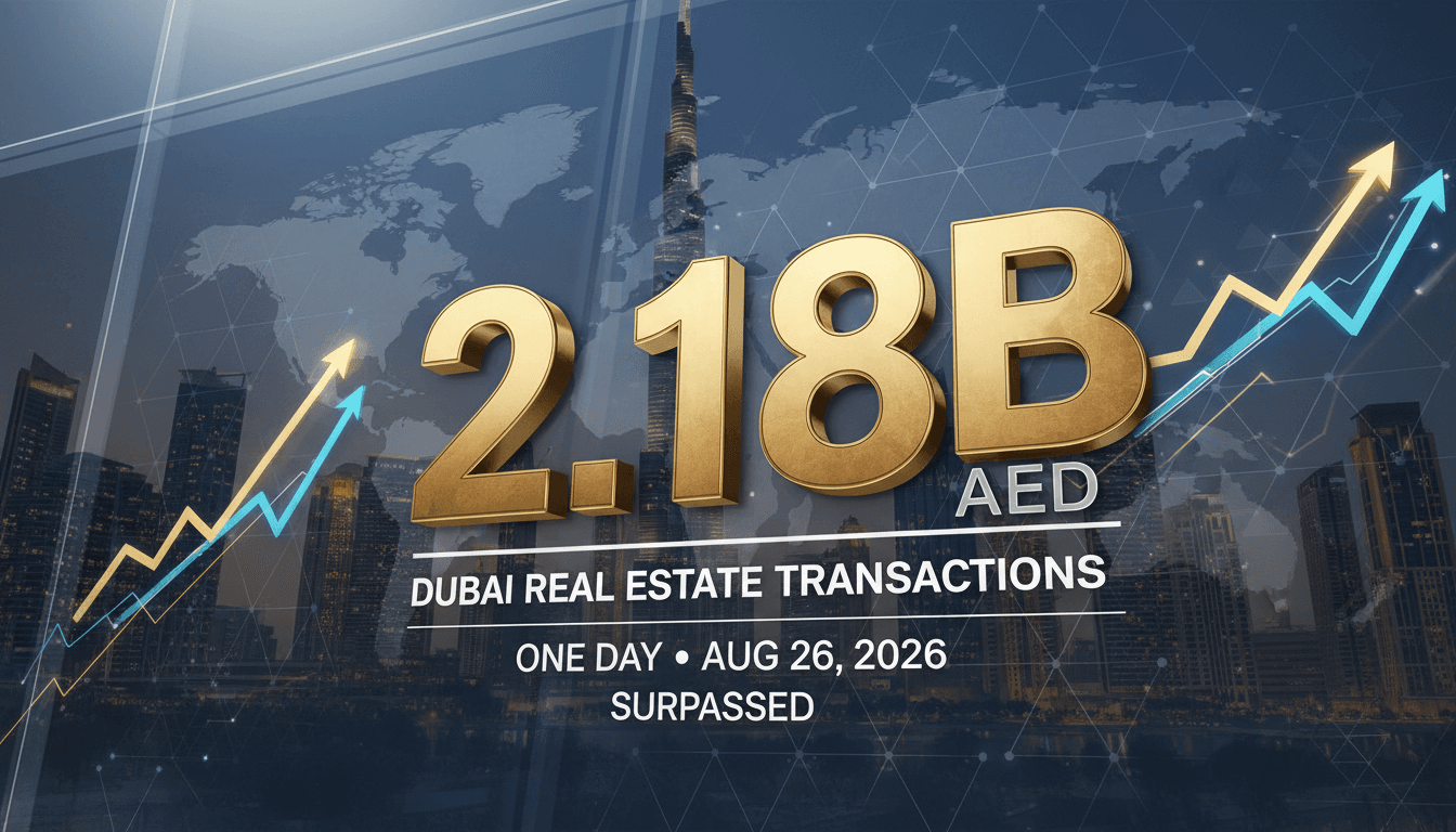 Infographic displaying Dubai's real estate transactions, highlighting the total value of 2.18 billion AED.