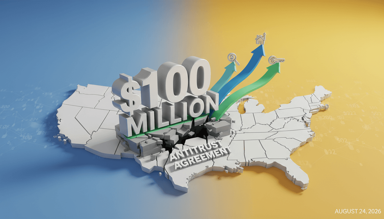 A visual representation of the Zillow and Redfin antitrust settlement, highlighting the $100 million payment and market implications.