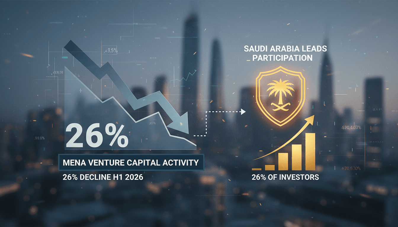 Infographic showing MENA venture capital decline and Saudi Arabia's investment role.