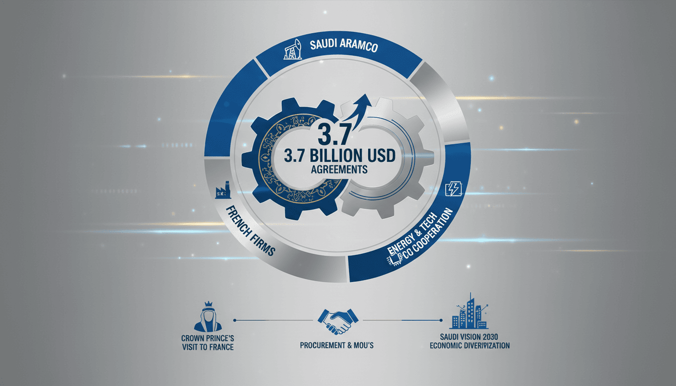 Infographic detailing Saudi Aramco's $3.7 billion agreements with French companies during the Crown Prince's visit.