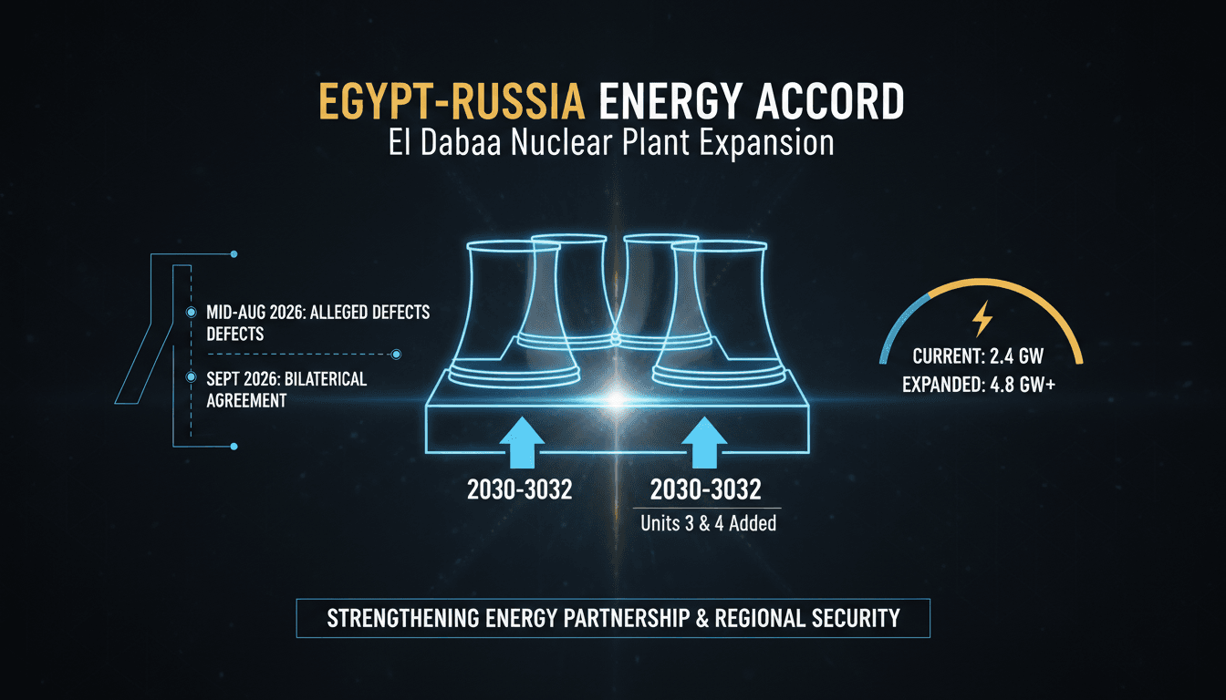 Infographic illustrating the El Dabaa nuclear power plant expansion and its significance for energy security.