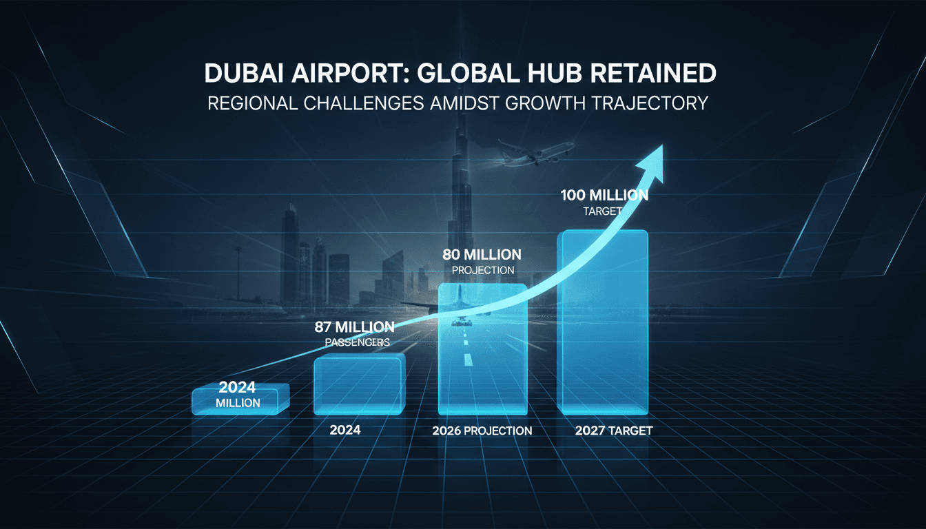 Aerial view of Dubai International Airport with passenger statistics overlay.