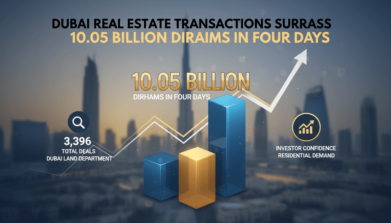 Infographic detailing Dubai's real estate transactions exceeding 10.05 billion dirhams over four days.